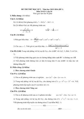 Đề thi thử học kì 2  Năm học 2015 - 2016 (đề 1) môn Toán lớp 10
